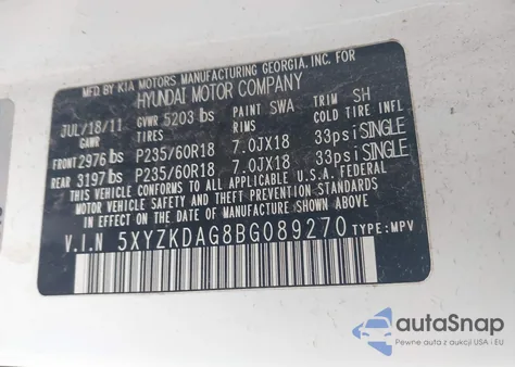 2011 Hyundai Santa Fe Limited V6 z USA, uszkodzony, nr VIN 5XYZKDAG8BG089270